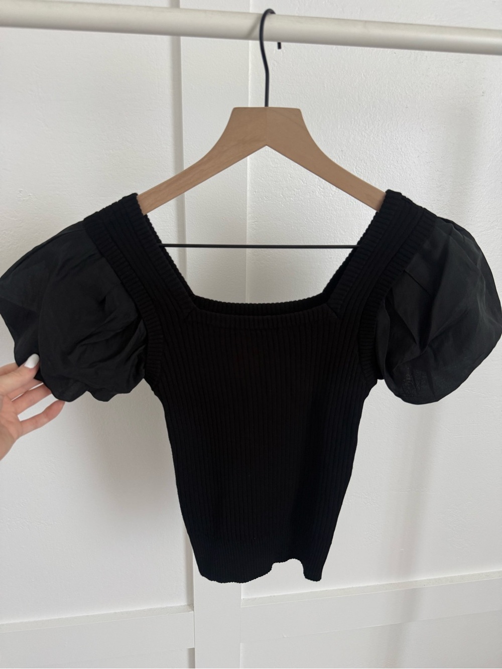 Current Air Black Square Neck Puff Sleeve Knit Top